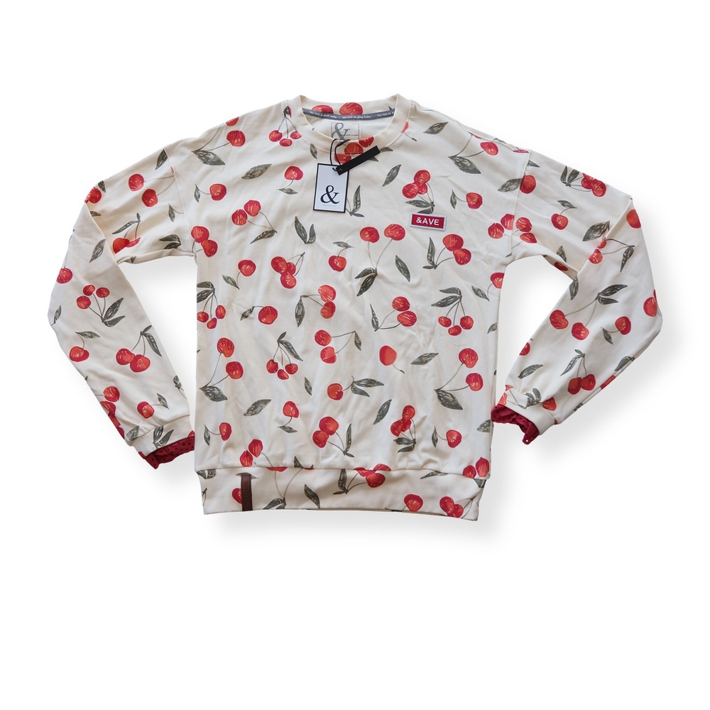 Ampersand Avenue University Pullover Women XS Ivory Red Cherry Charmed AVE2575